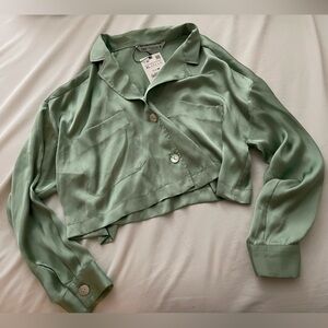 Zara Mint Green Cropped Satin Blouse size XL